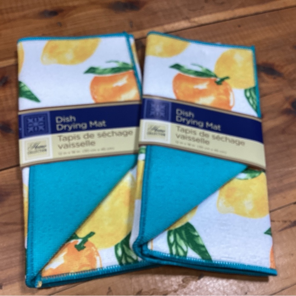 New set of 2 citrus orange lemon design dish drying mats 12” by 18”